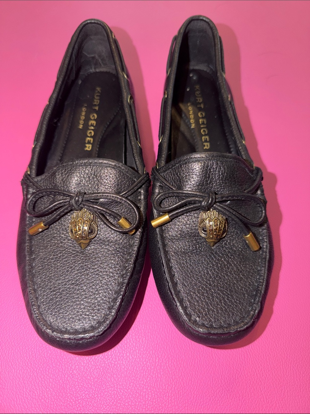 Kurt Geiger Black Leather Bow-Detail Loafers with Gold Crest